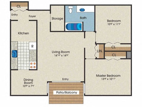 Floor plan for 2 beds, 1 bath, 867 sqft